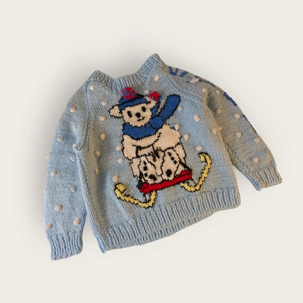Vintage Hand Knit Kids Polar Bear Sledding Sweater Blue Popcorn Knit Snow 14.5L